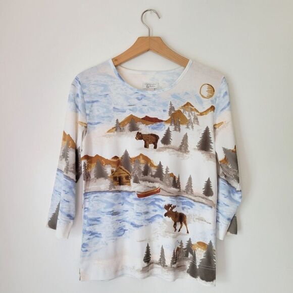 Christopher & Banks Bear Canoe Scenic Print 3/4 Sleeve Top Small - Picture 1 of 6